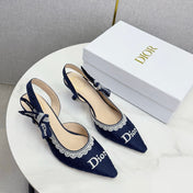 DIOR 26S SLINGBACK PUMPS IN NAVY BLUE FABRIC EMBOSSED LOGO