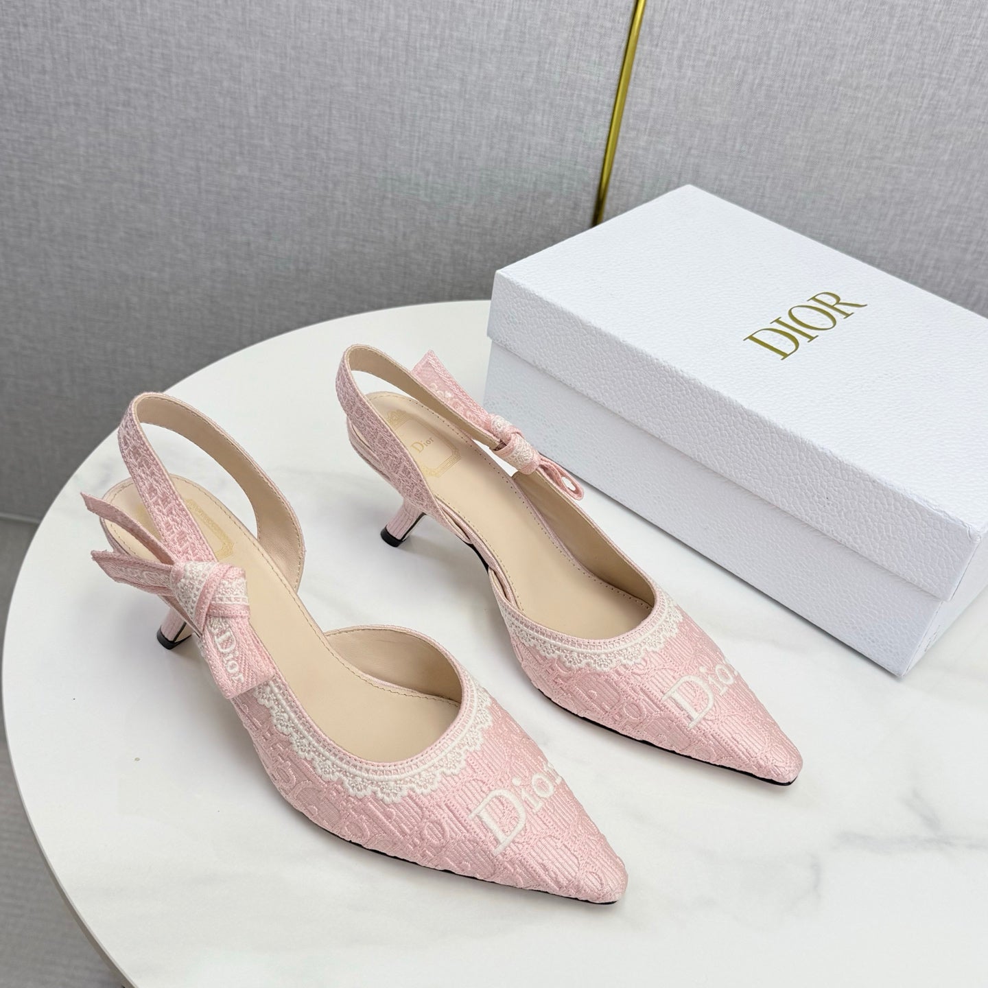 DIOR 26S SLINGBACK PUMPS IN PINK FABRIC EMBOSSED LOGO