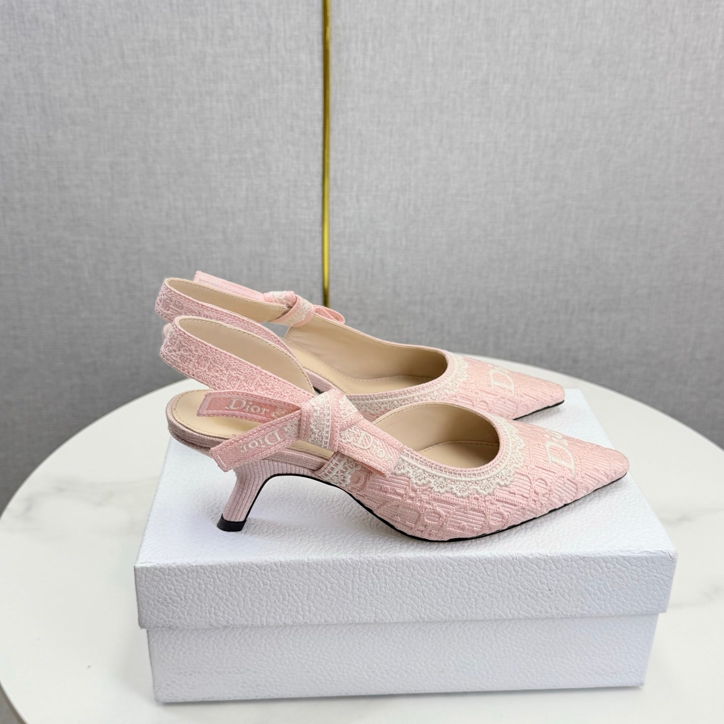 DIOR 26S SLINGBACK PUMPS IN PINK FABRIC EMBOSSED LOGO