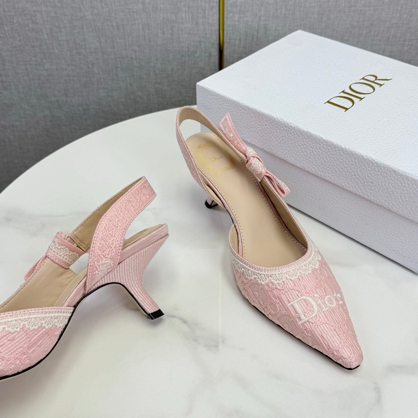DIOR 26S SLINGBACK PUMPS IN PINK FABRIC EMBOSSED LOGO