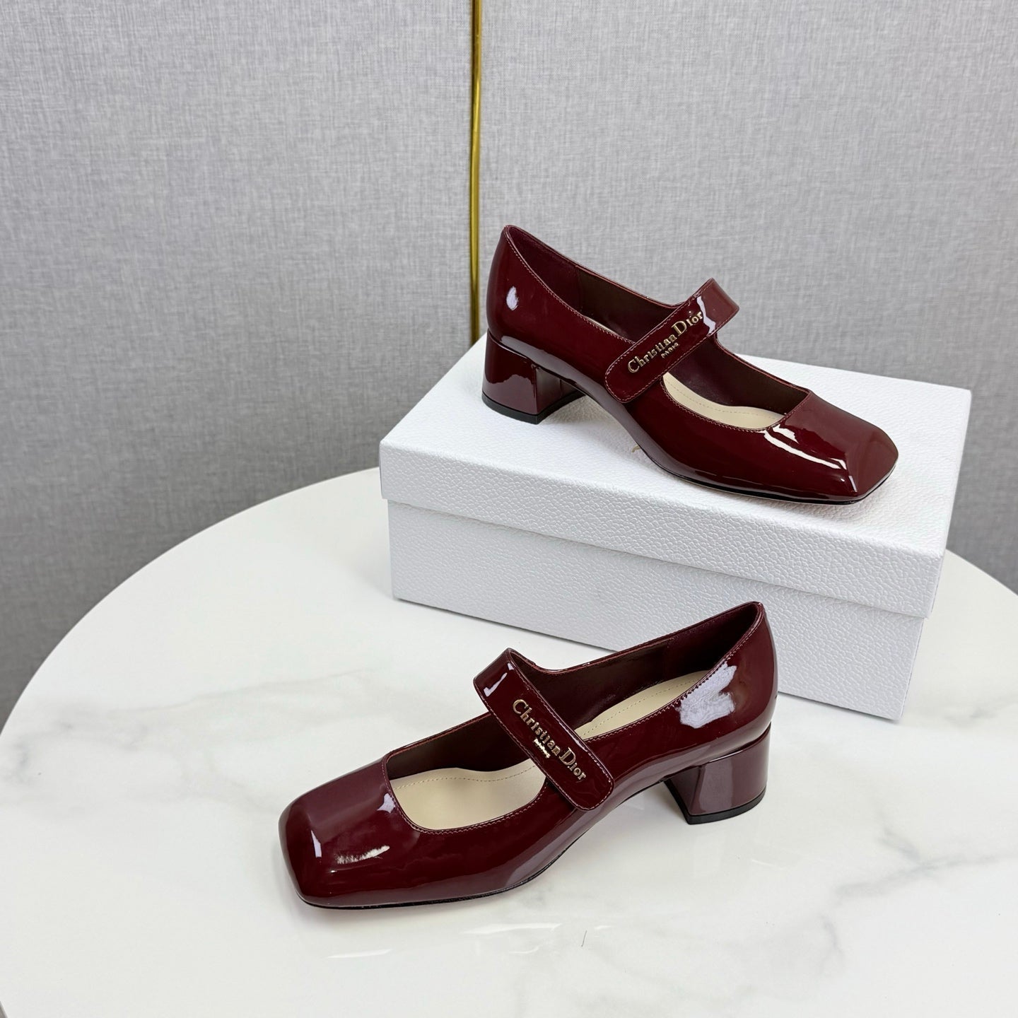 DIOR 26S MARY JANE HIGH HEELS 40MM IN WINE RED PATENT CALFSKIN GOLD HARDWARE