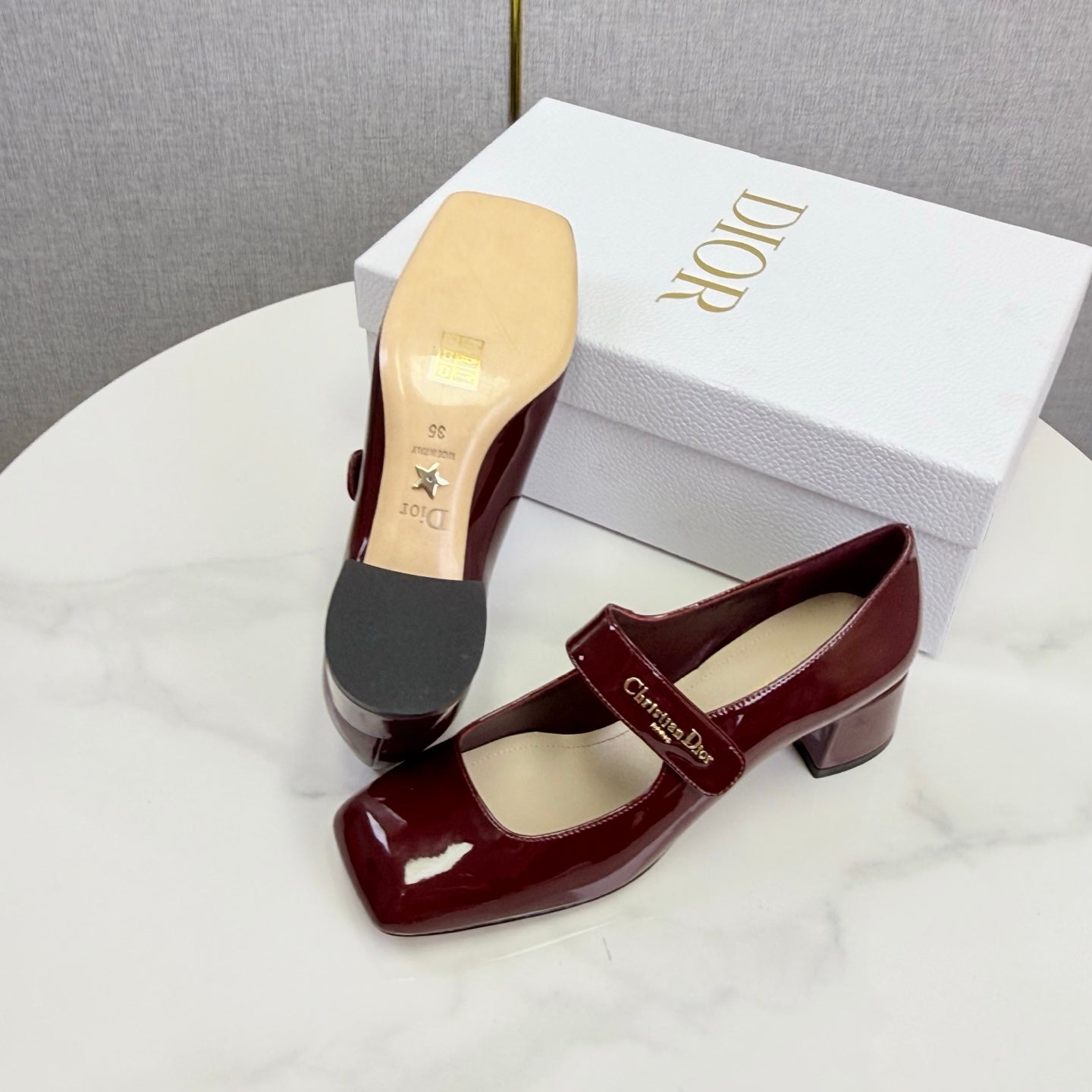 DIOR 26S MARY JANE HIGH HEELS 40MM IN WINE RED PATENT CALFSKIN GOLD HARDWARE