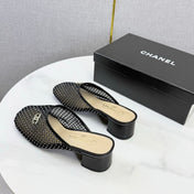 CHANEL 26S MESH HIGH HEEL MULES IN BLACK LAMBSKIN
