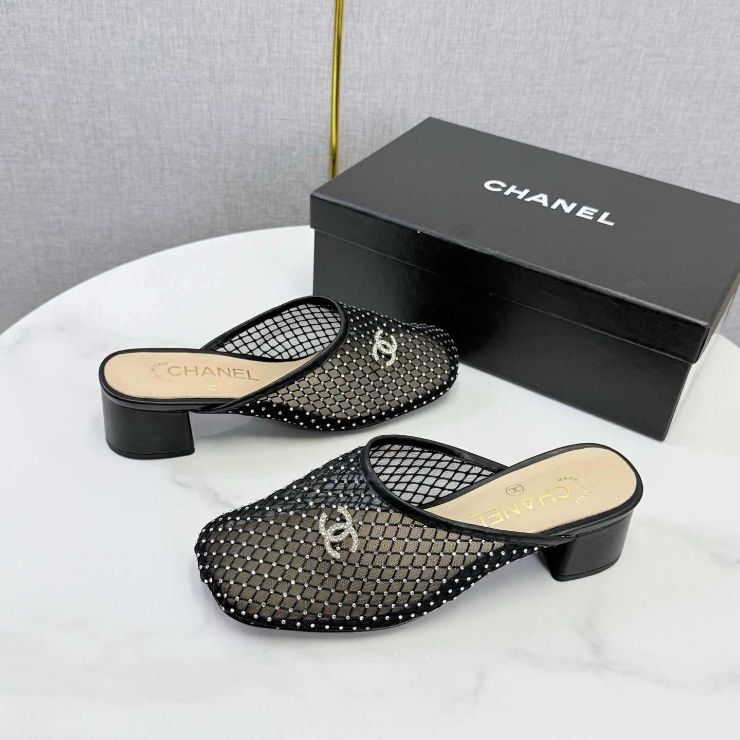CHANEL 26S MESH HIGH HEEL MULES IN BLACK LAMBSKIN