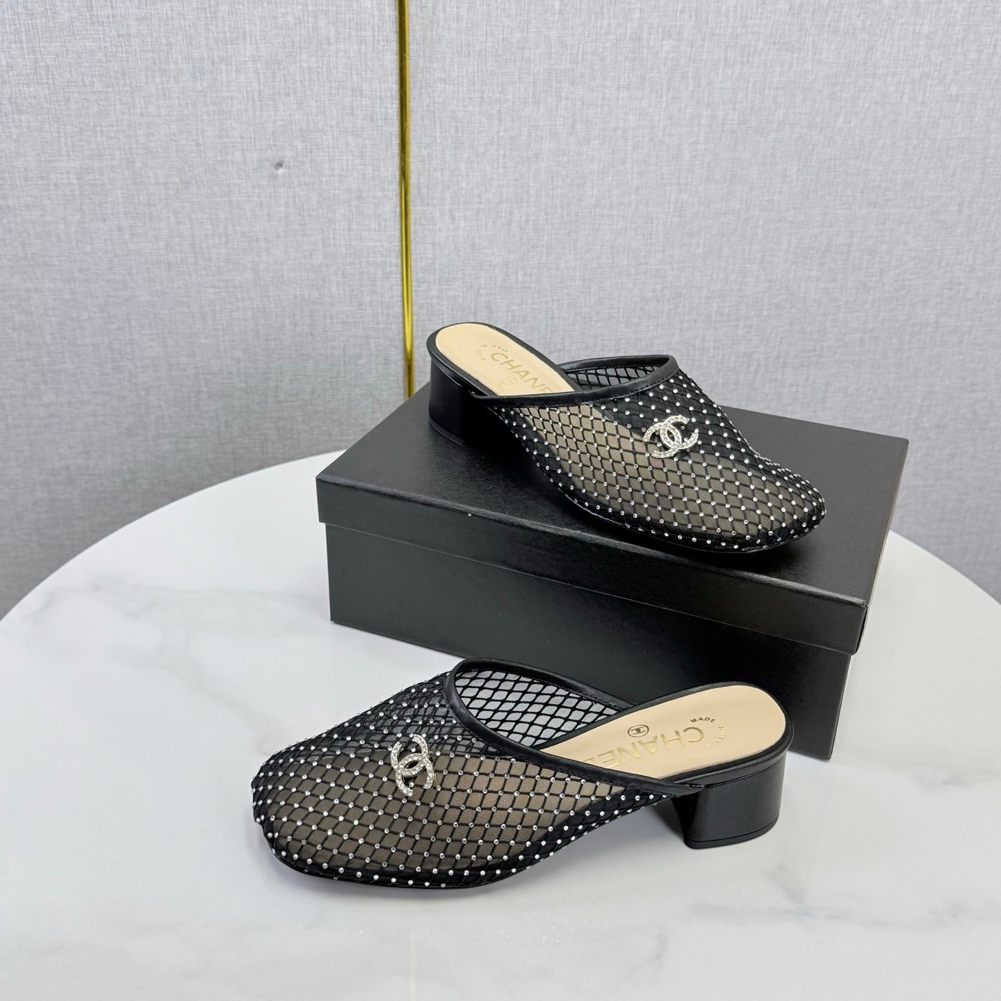 CHANEL 26S MESH HIGH HEEL MULES IN BLACK LAMBSKIN