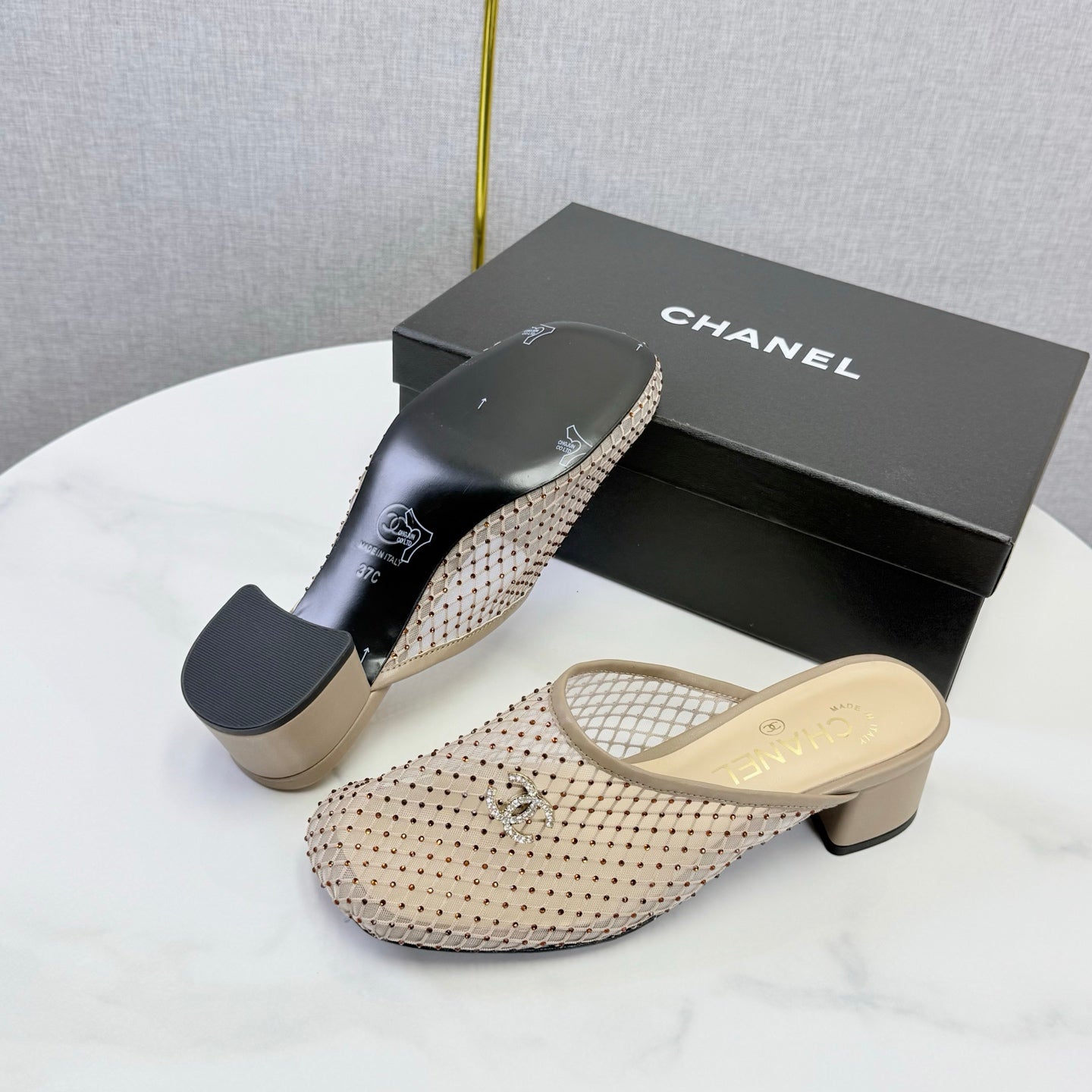 CHANEL 26S MESH HIGH HEEL MULES IN BEIGE LAMBSKIN