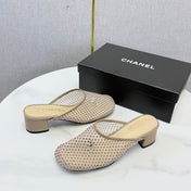 CHANEL 26S MESH HIGH HEEL MULES IN BEIGE LAMBSKIN