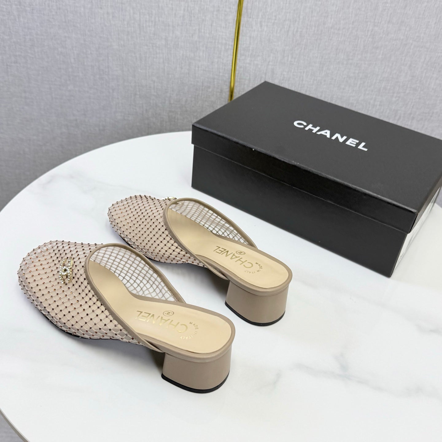 CHANEL 26S MESH HIGH HEEL MULES IN BEIGE LAMBSKIN