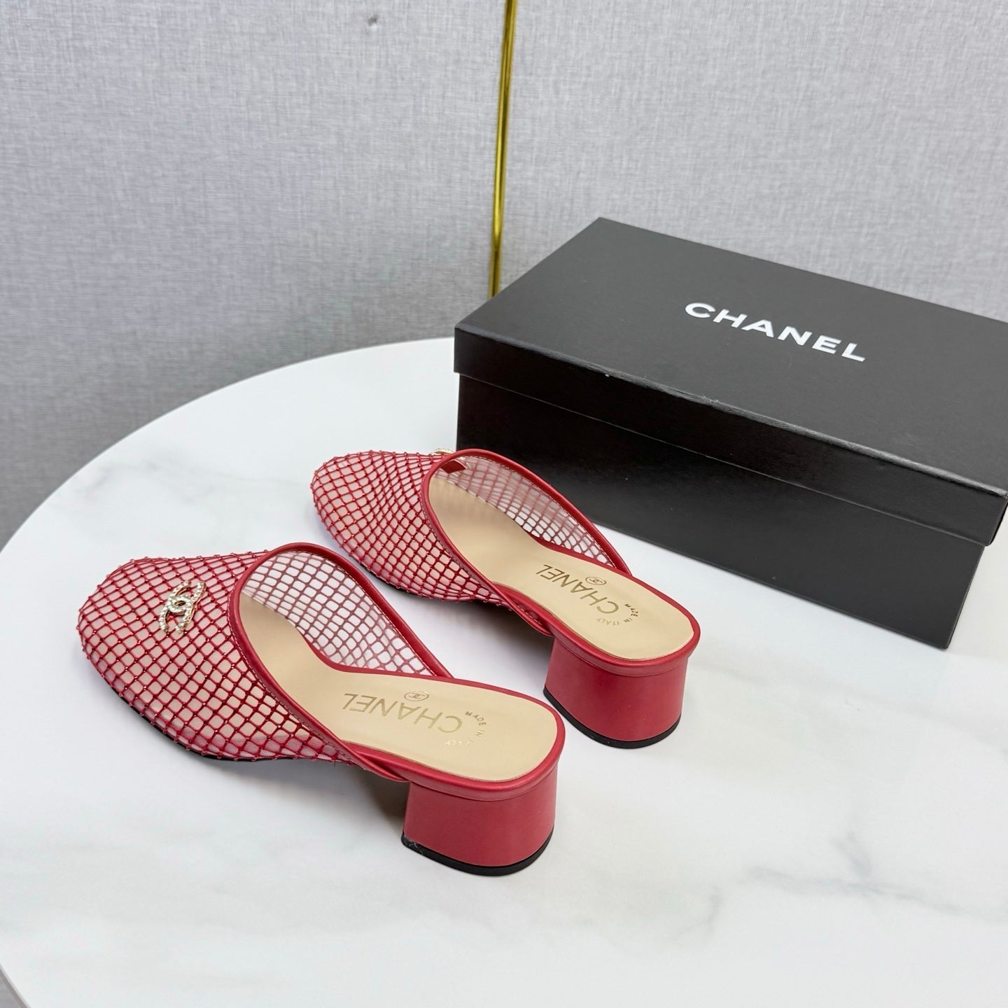 CHANEL 26S MESH HIGH HEEL MULES IN RED LAMBSKIN