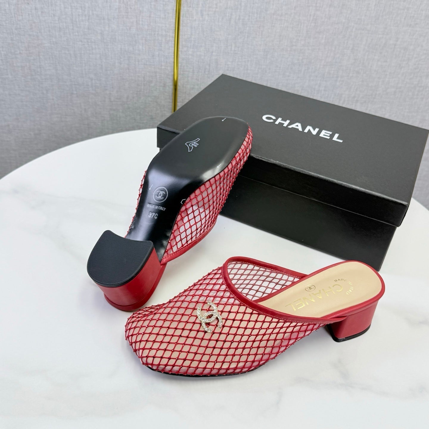 CHANEL 26S MESH HIGH HEEL MULES IN RED LAMBSKIN