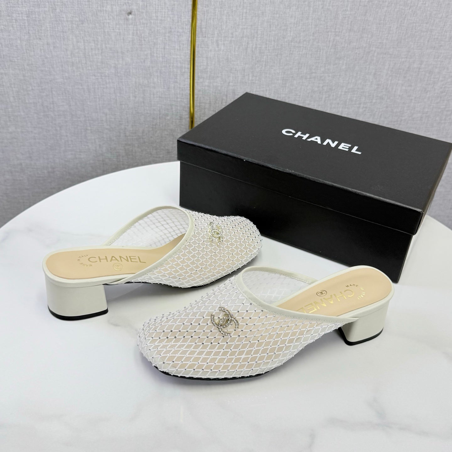 CHANEL 26S MESH HIGH HEEL MULES IN WHITE LAMBSKIN