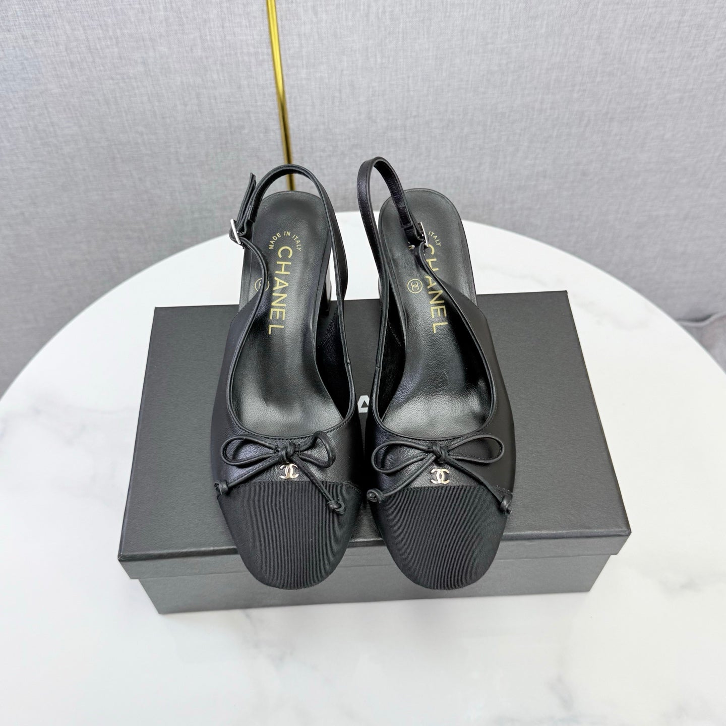 CHANEL 26S SLINGBACK HEELS 45 MM IN BLACK LAMBSKIN AND FABRIC