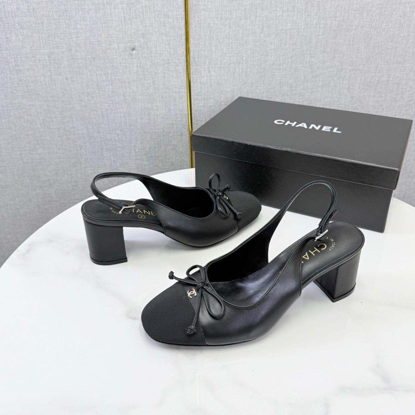 CHANEL 26S SLINGBACK HEELS 45 MM IN BLACK LAMBSKIN AND FABRIC