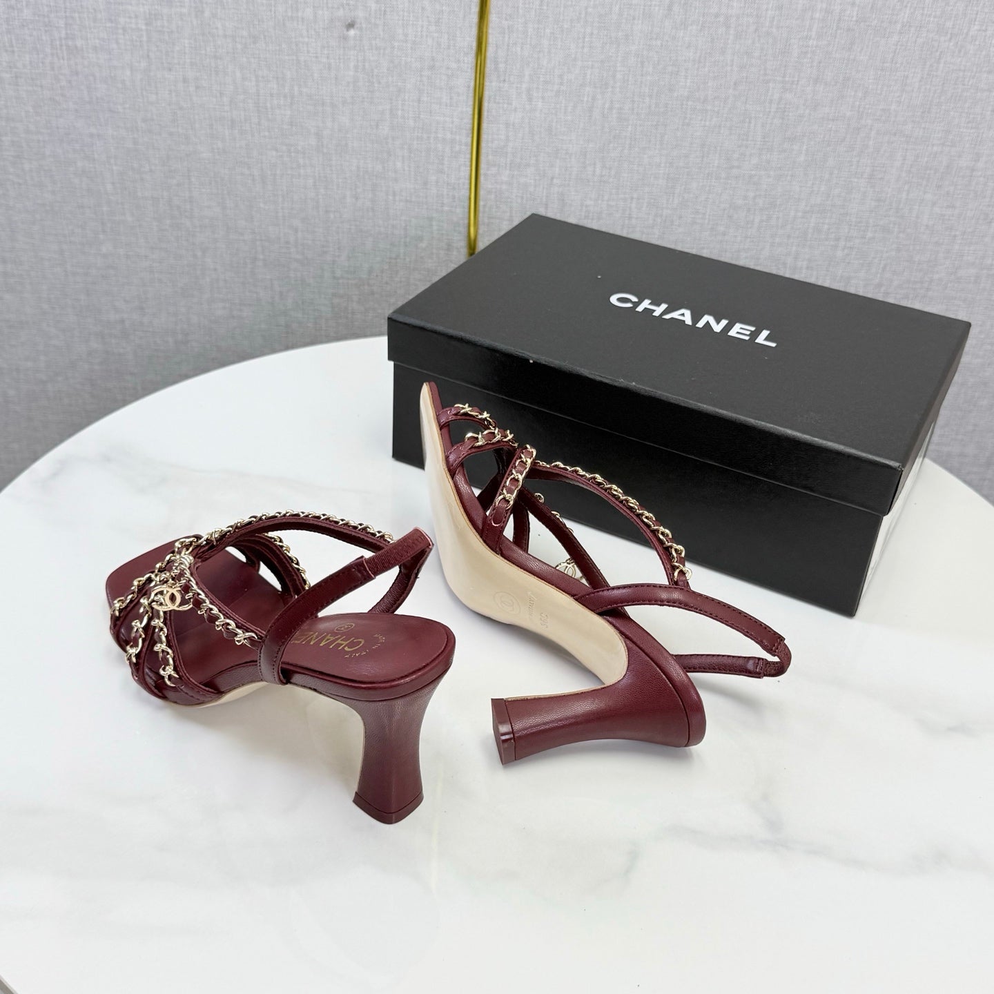 CHANEL 26S CHAIN STRAP HIGH HEELS 65 MM IN DARK RED LAMBSKIN