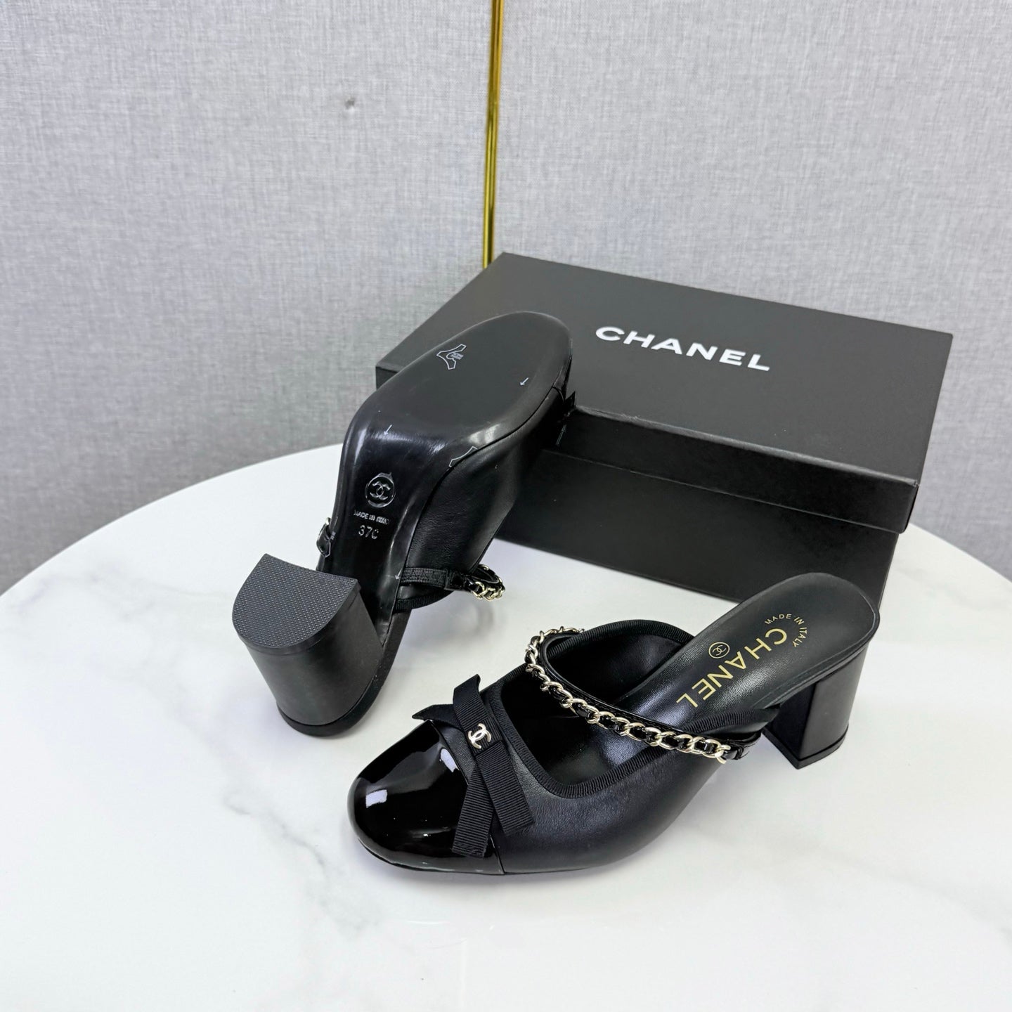 CHANEL 26S HIGH HEEL MULES 45 MM IN BLACK LAMBSKIN