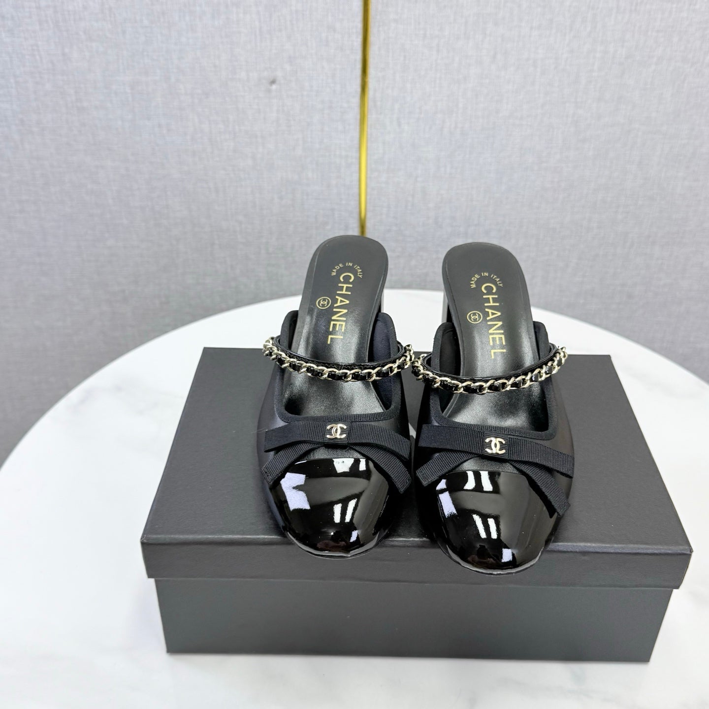 CHANEL 26S HIGH HEEL MULES 45 MM IN BLACK LAMBSKIN