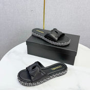 CHANEL 26S PLATFORM SLIDES IN BLACK LAMBSKIN WITH CC LOGO