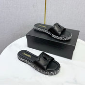 CHANEL 26S PLATFORM SLIDES IN BLACK LAMBSKIN WITH CC LOGO