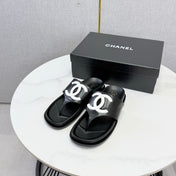 CHANEL 26S CC THONG SLIDES IN BLACK LAMBSKIN