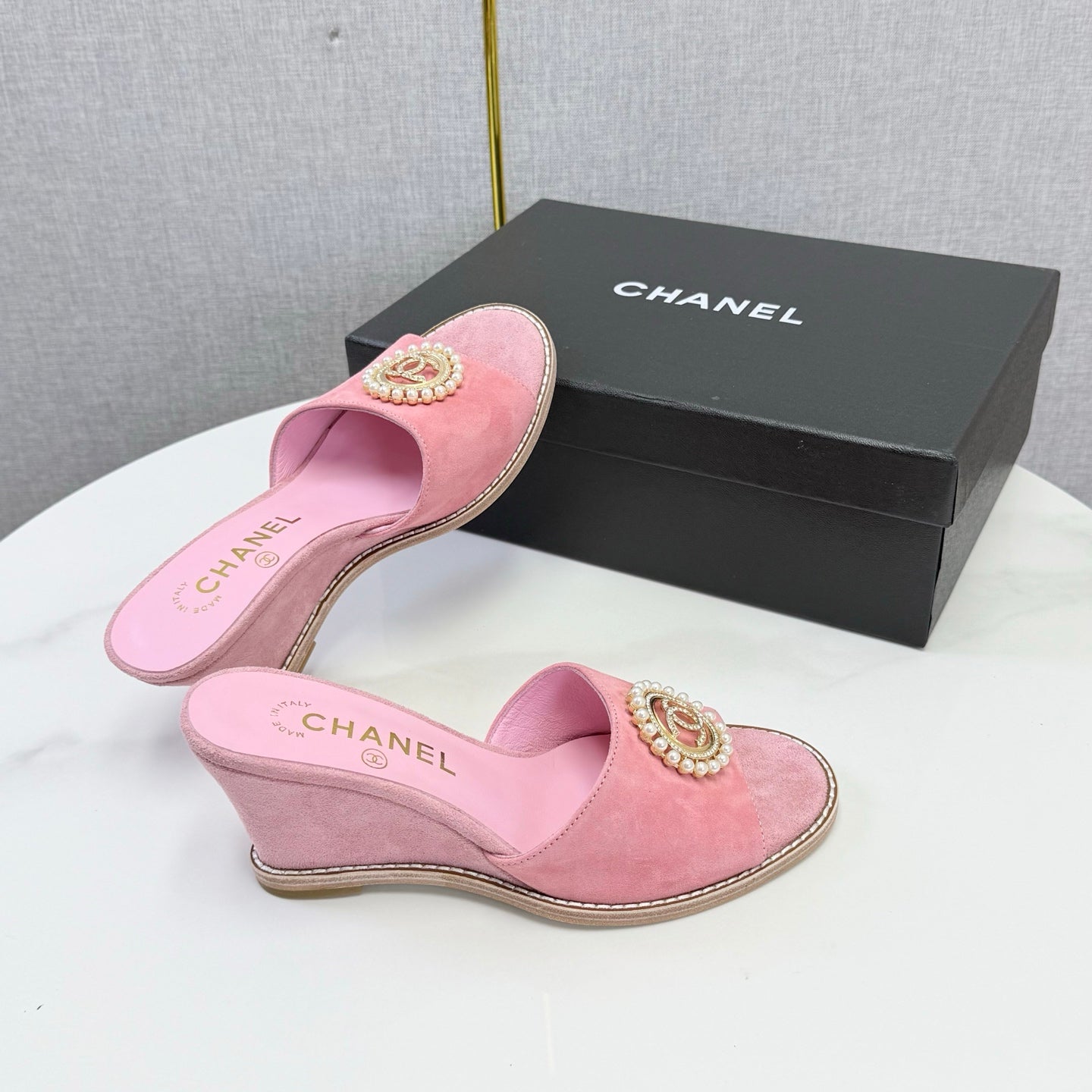 CHANEL 26S WEDGE HEELS IN PINK SUEDE WITH CC PEARL EMBELLISHED