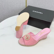 CHANEL 26S WEDGE HEELS IN PINK SUEDE WITH CC PEARL EMBELLISHED