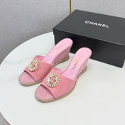 CHANEL 26S WEDGE HEELS IN PINK SUEDE WITH CC PEARL EMBELLISHED