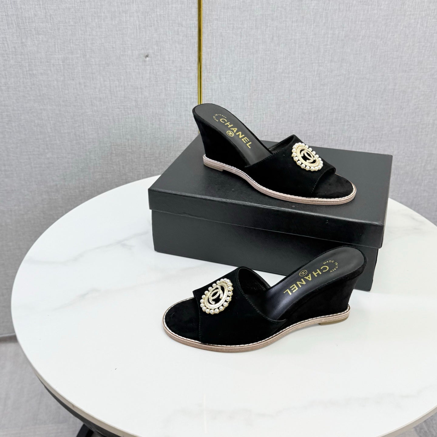 CHANEL 26S WEDGE HEELS IN BLACK SUEDE WITH CC PEARL EMBELLISHED