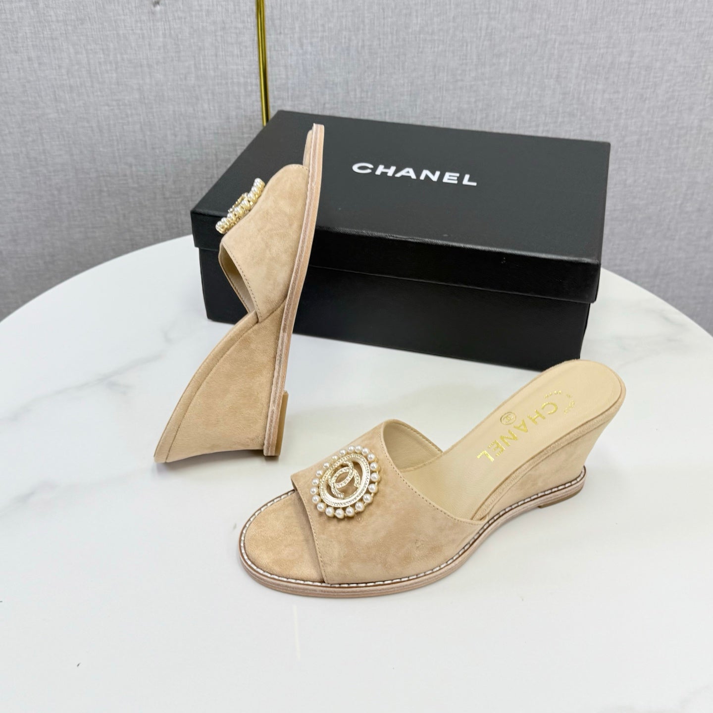 CHANEL 26S WEDGE HEELS IN BEIGE SUEDE WITH CC PEARL EMBELLISHED