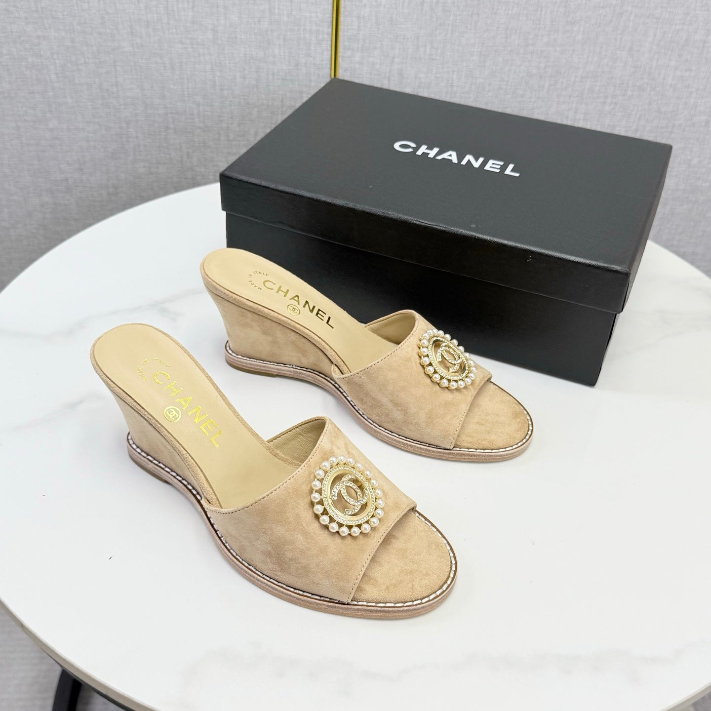 CHANEL 26S WEDGE HEELS IN BEIGE SUEDE WITH CC PEARL EMBELLISHED