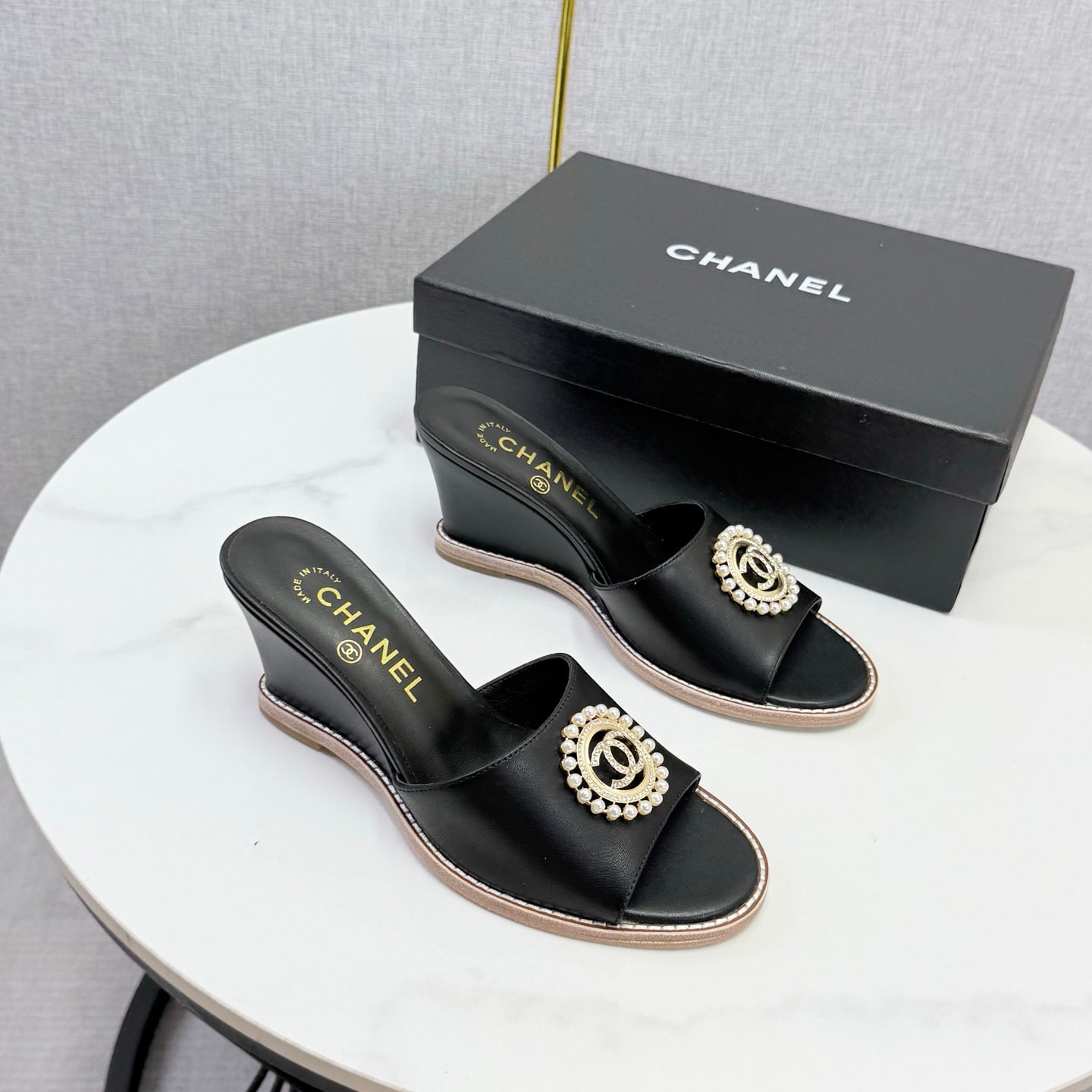 CHANEL 26S WEDGE HEELS IN BLACK LAMBSKIN WITH CC PEARL EMBELLISHED