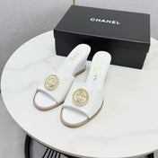 CHANEL 26S WEDGE HEELS IN WHITE LAMBSKIN WITH CC PEARL EMBELLISHED
