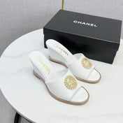 CHANEL 26S WEDGE HEELS IN WHITE LAMBSKIN WITH CC PEARL EMBELLISHED