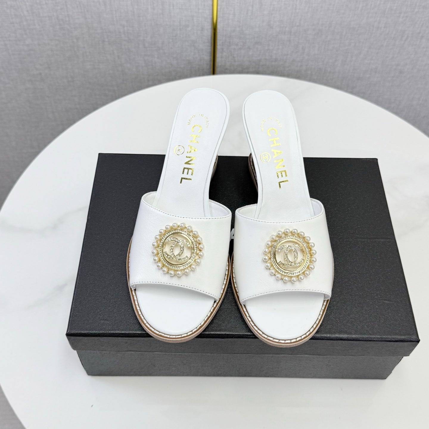 CHANEL 26S WEDGE HEELS IN WHITE LAMBSKIN WITH CC PEARL EMBELLISHED