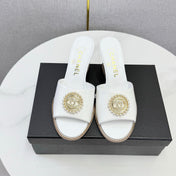 CHANEL 26S WEDGE HEELS IN WHITE LAMBSKIN WITH CC PEARL EMBELLISHED