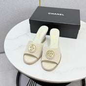 CHANEL 26S WEDGE HEELS IN LIGHT BEIGE SUEDE WITH CC PEARL EMBELLISHED