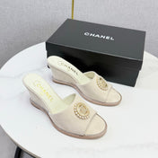 CHANEL 26S WEDGE HEELS IN LIGHT BEIGE SUEDE WITH CC PEARL EMBELLISHED
