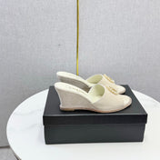 CHANEL 26S WEDGE HEELS IN LIGHT BEIGE SUEDE WITH CC PEARL EMBELLISHED