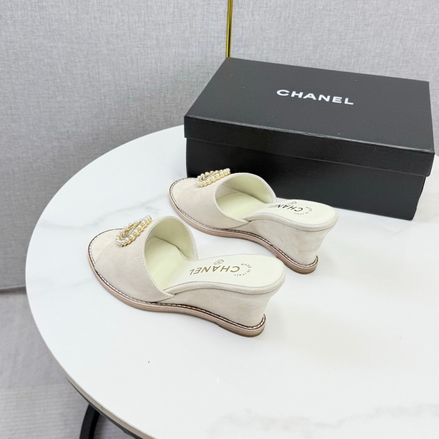 CHANEL 26S WEDGE HEELS IN LIGHT BEIGE SUEDE WITH CC PEARL EMBELLISHED