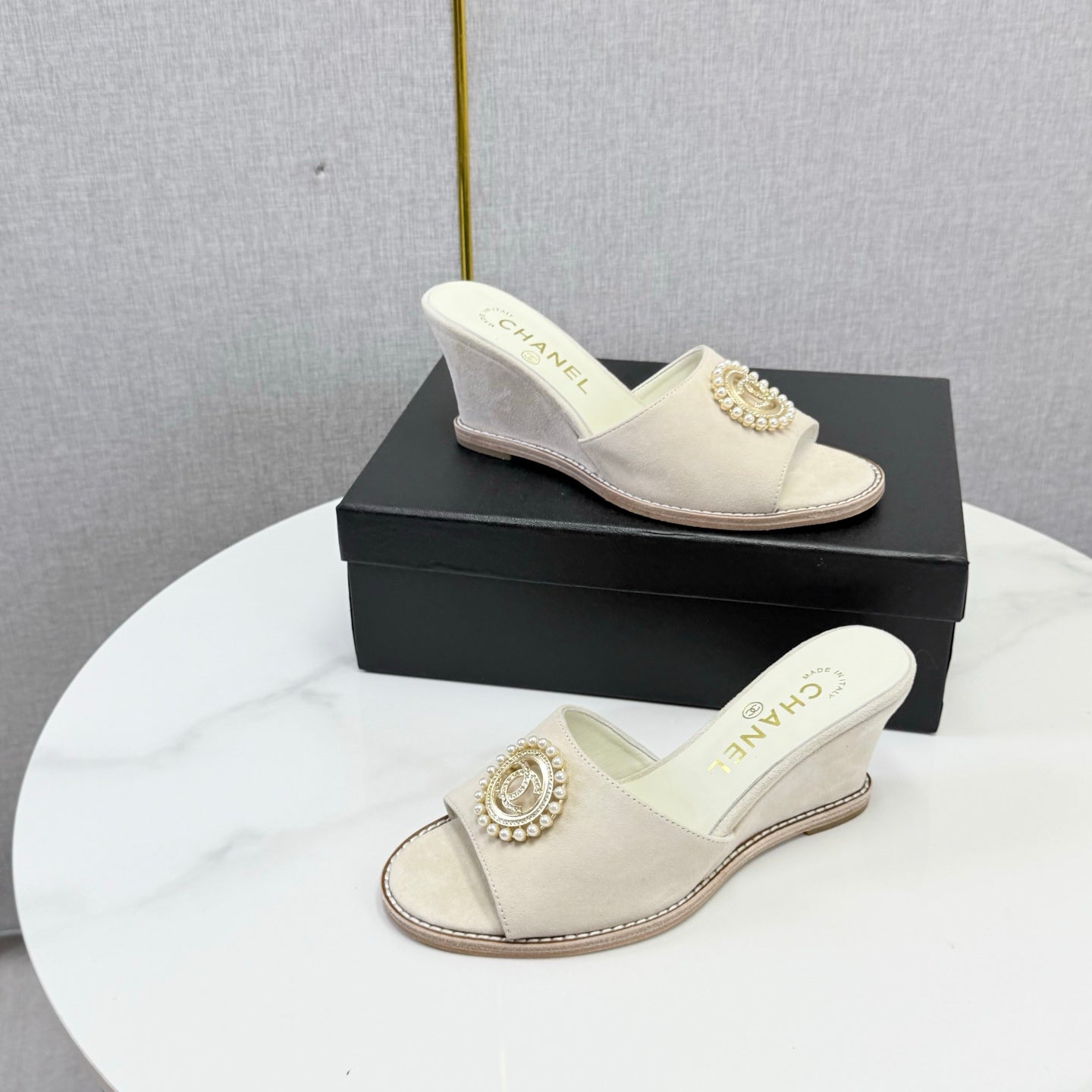 CHANEL 26S WEDGE HEELS IN LIGHT BEIGE SUEDE WITH CC PEARL EMBELLISHED