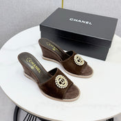 CHANEL 26S WEDGE HEELS IN DARK BROWN SUEDE WITH CC PEARL EMBELLISHED