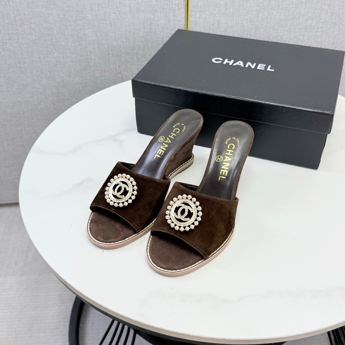 CHANEL 26S WEDGE HEELS IN DARK BROWN SUEDE WITH CC PEARL EMBELLISHED