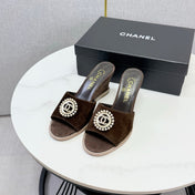 CHANEL 26S WEDGE HEELS IN DARK BROWN SUEDE WITH CC PEARL EMBELLISHED