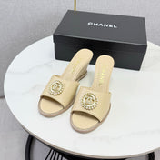 CHANEL 26S WEDGE HEELS IN BEIGE LAMBSKIN WITH CC PEARL EMBELLISHED
