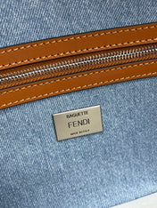 Fend Baguette Blue Brown Canvas Bag 27 with FF Embroidery Ghw