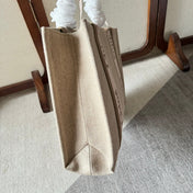 MEDIUM WOODY TOTE BAG 37 IN BEIGE LINEN CANVAS LIGHT PINK WEBBING LOGO EMBROIDERY