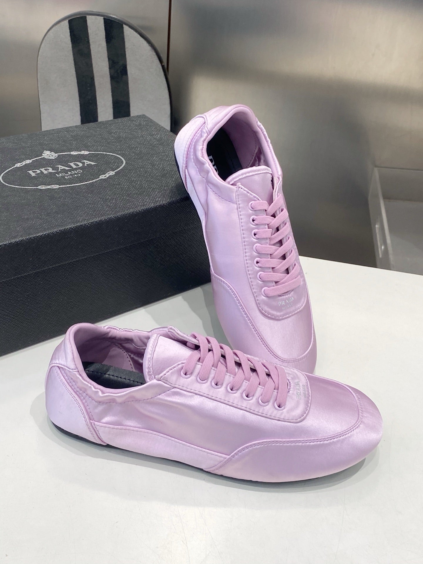 PRADA 26S SNEAKERS IN LIGHT PURPLE SATIN