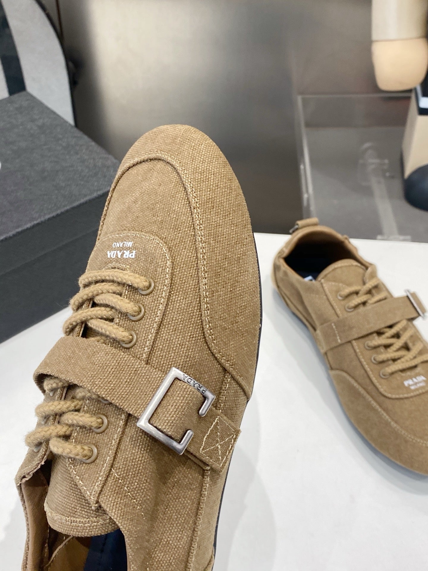 PRADA 26S SNEAKERS IN BROWN FABRIC SILVER HARDWARE
