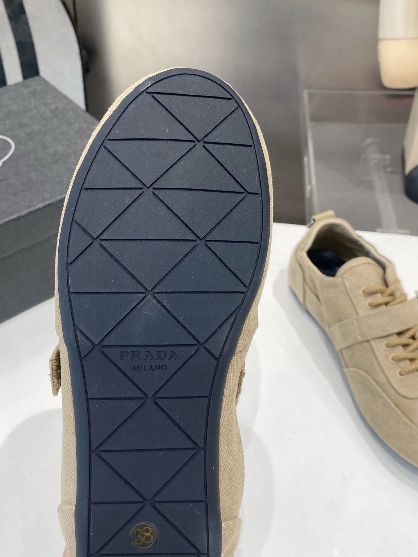 PRADA 26S SNEAKERS IN LIGHT BROWN FABRIC SILVER HARDWARE