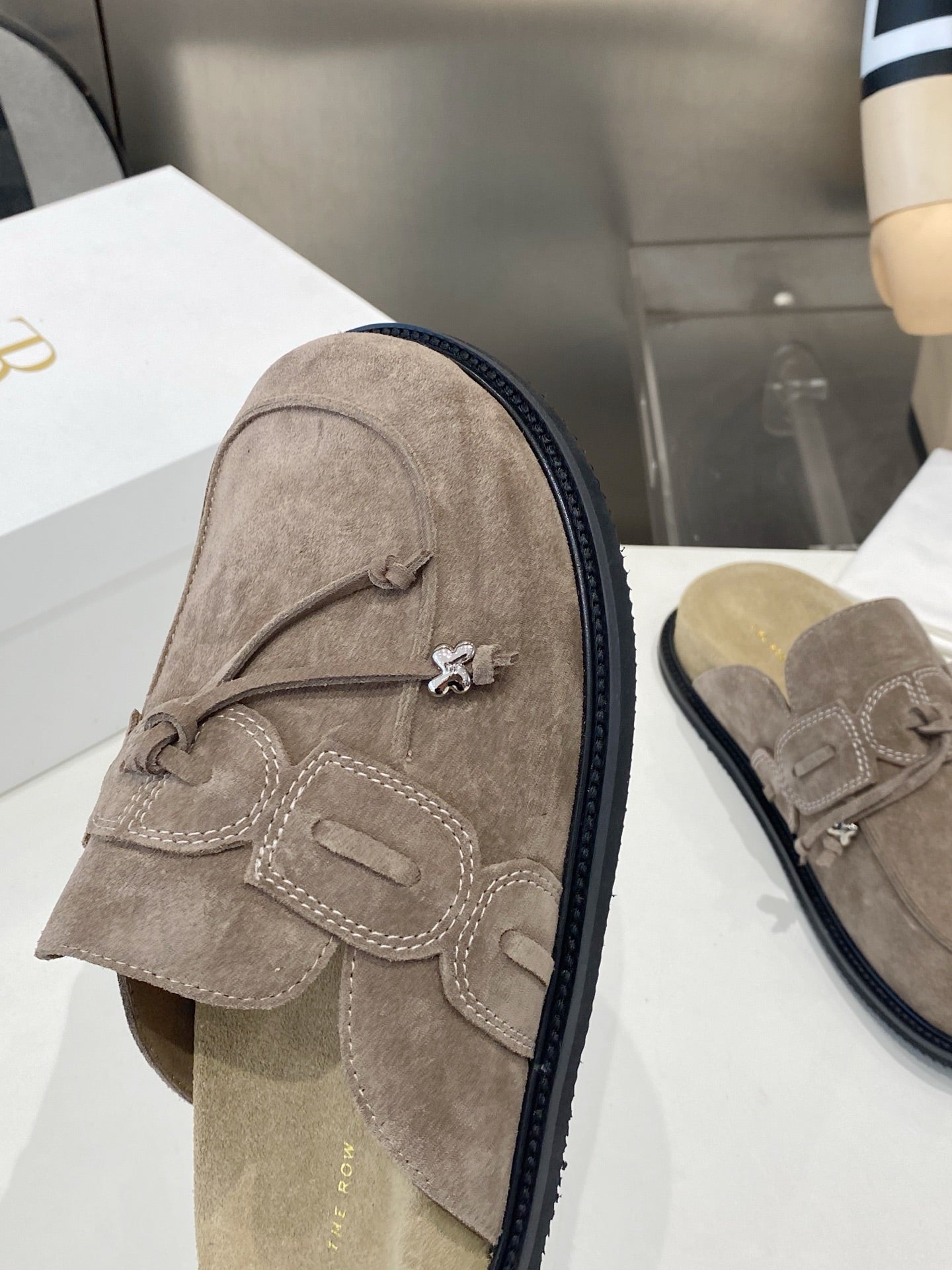THE ROW 26S KNOT DETAIL MULE LOAFERS IN TAUPE BROWN SUEDE
