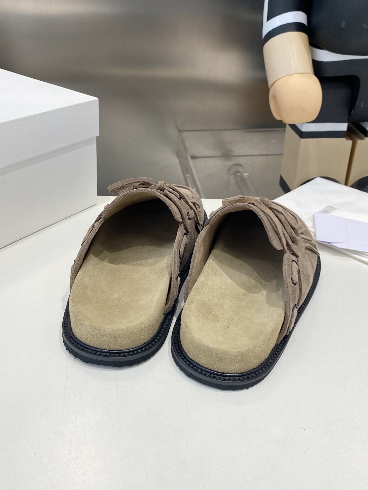 THE ROW 26S FRINGE LACE UP MULES IN TAUPE BROWN SUEDE